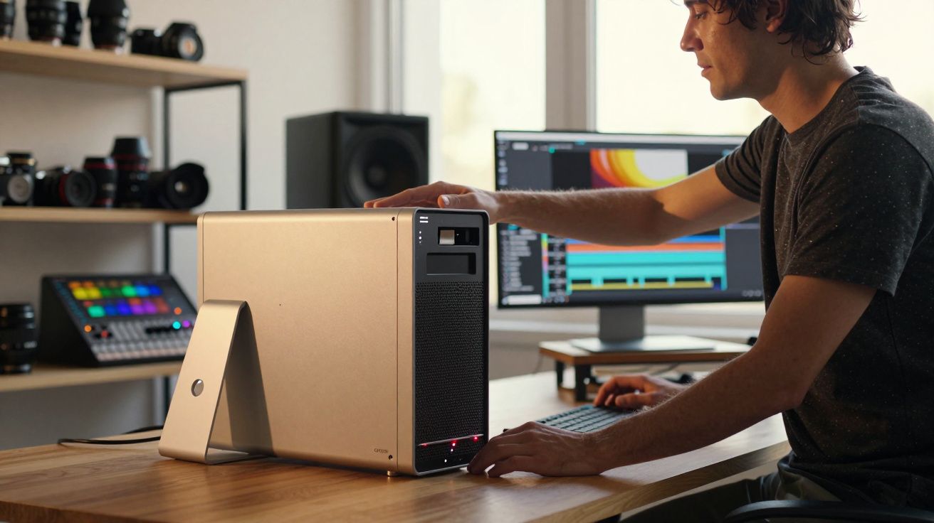 Homem operando computador desktop em ambiente moderno de edição audiovisual.