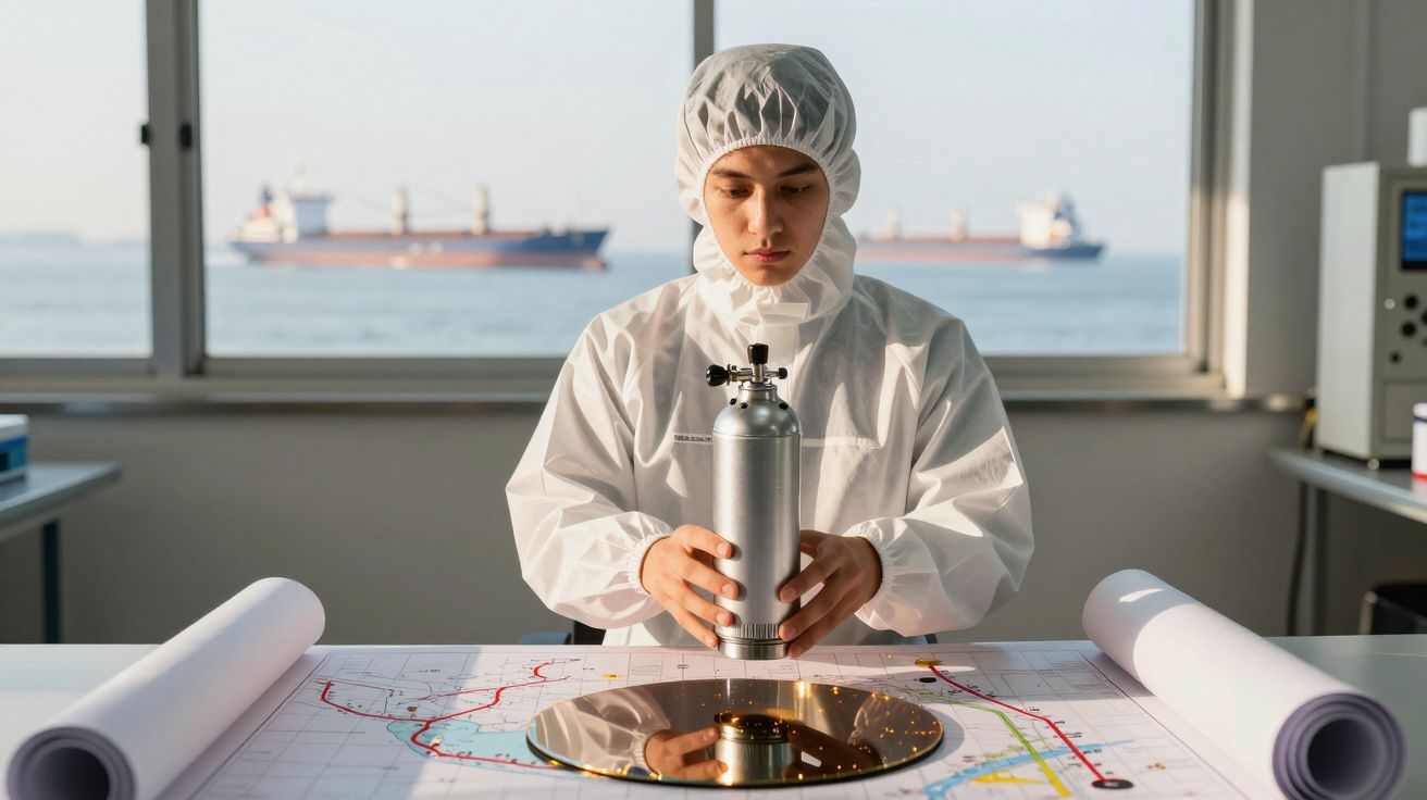 Pesquisadora em trajes de proteção branca manuseia cilindro ao lado de mapa e disco reflexivo em laboratório com janela para 