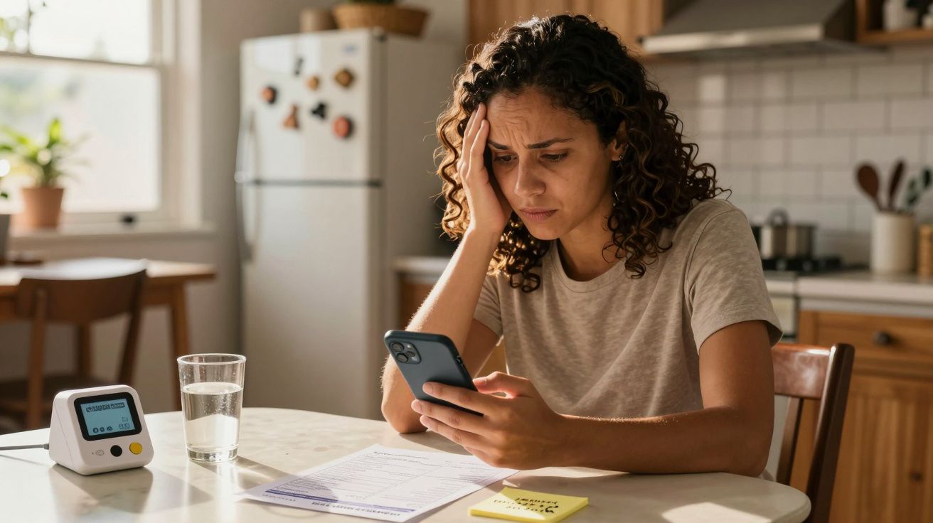 Mulher preocupada olha para celular enquanto está à mesa com contas e copo de água na cozinha.