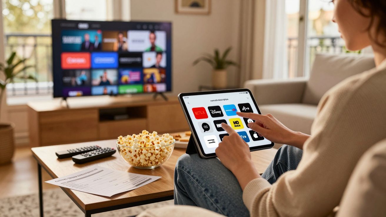 Pessoa usando tablet para escolher serviço de streaming, com televisão e tigela de pipoca à frente.