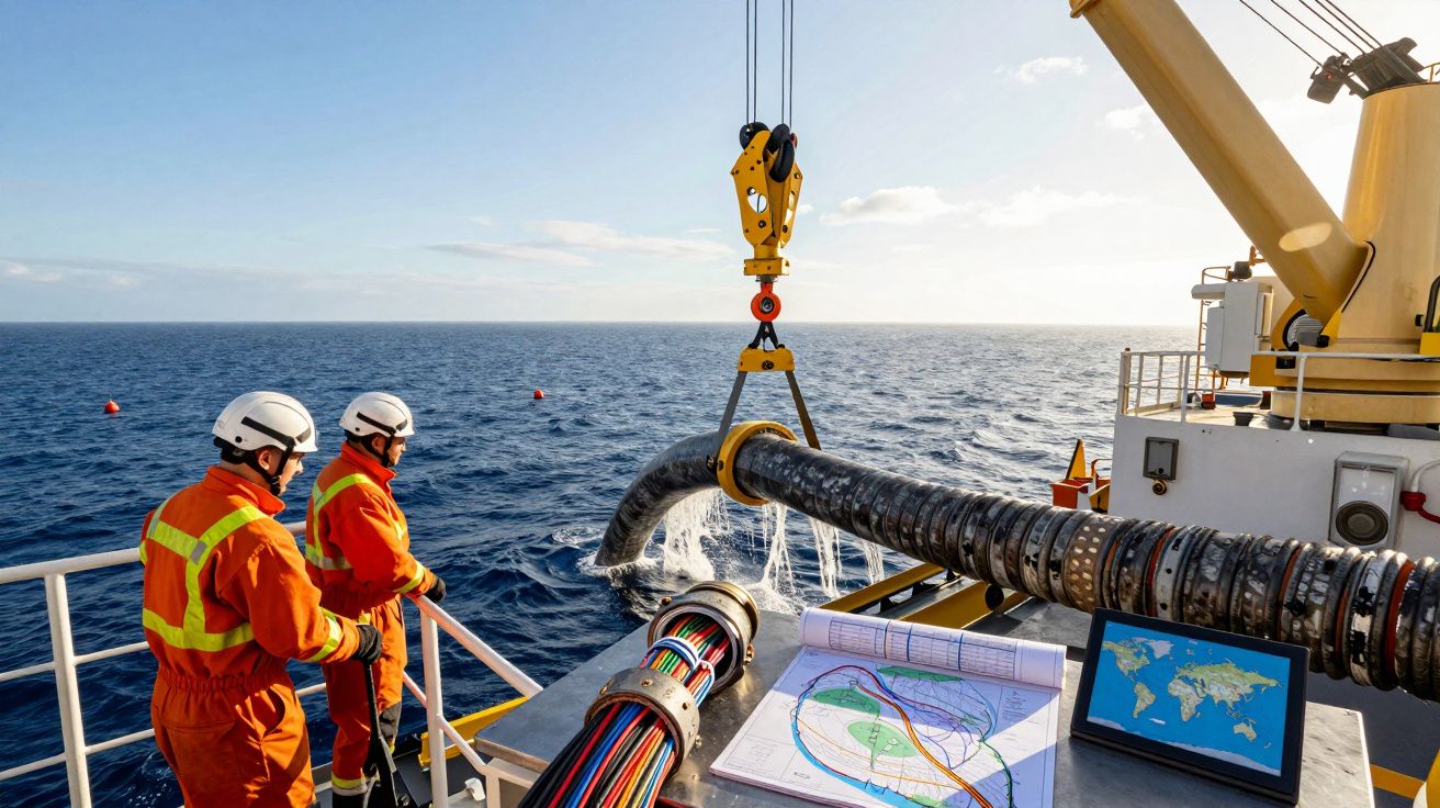 Dois trabalhadores em uniforme laranja monitoram instalação de cabo submarino em plataforma no mar aberto.