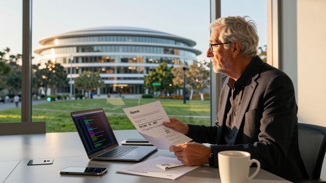 Homem idoso com óculos sentado em escritório, segurando papel, com notebook e prédio moderno ao fundo.