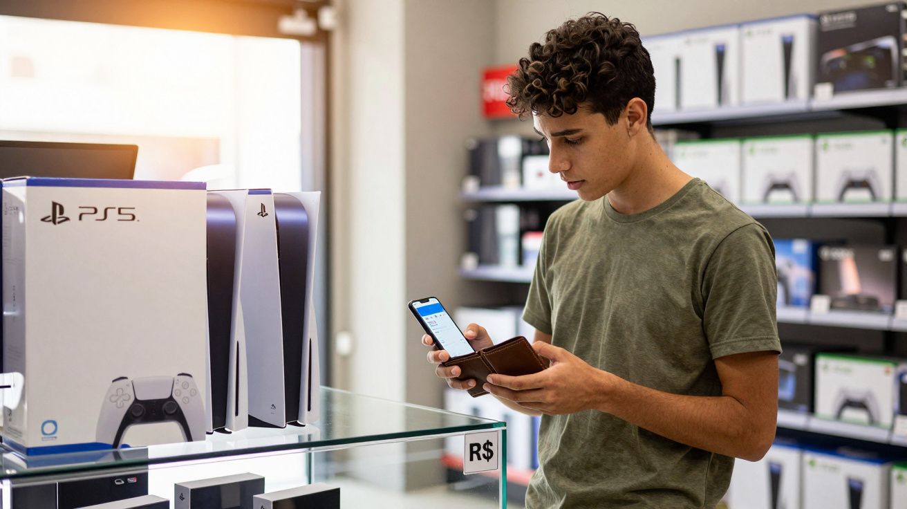 Jovem em loja de eletrônicos com celular e carteira, próximo a vitrines com consoles PlayStation 5.
