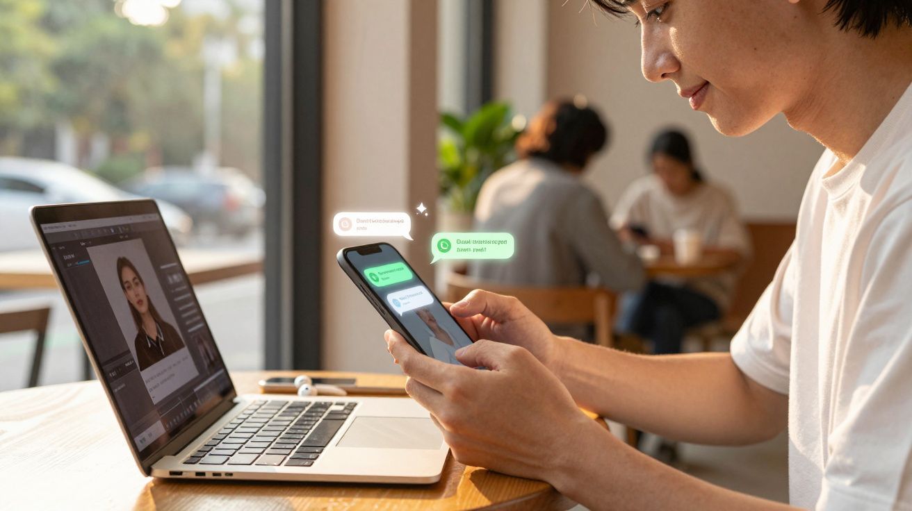 Pessoa usando smartphone para conversar por mensagens enquanto trabalha no laptop em café.