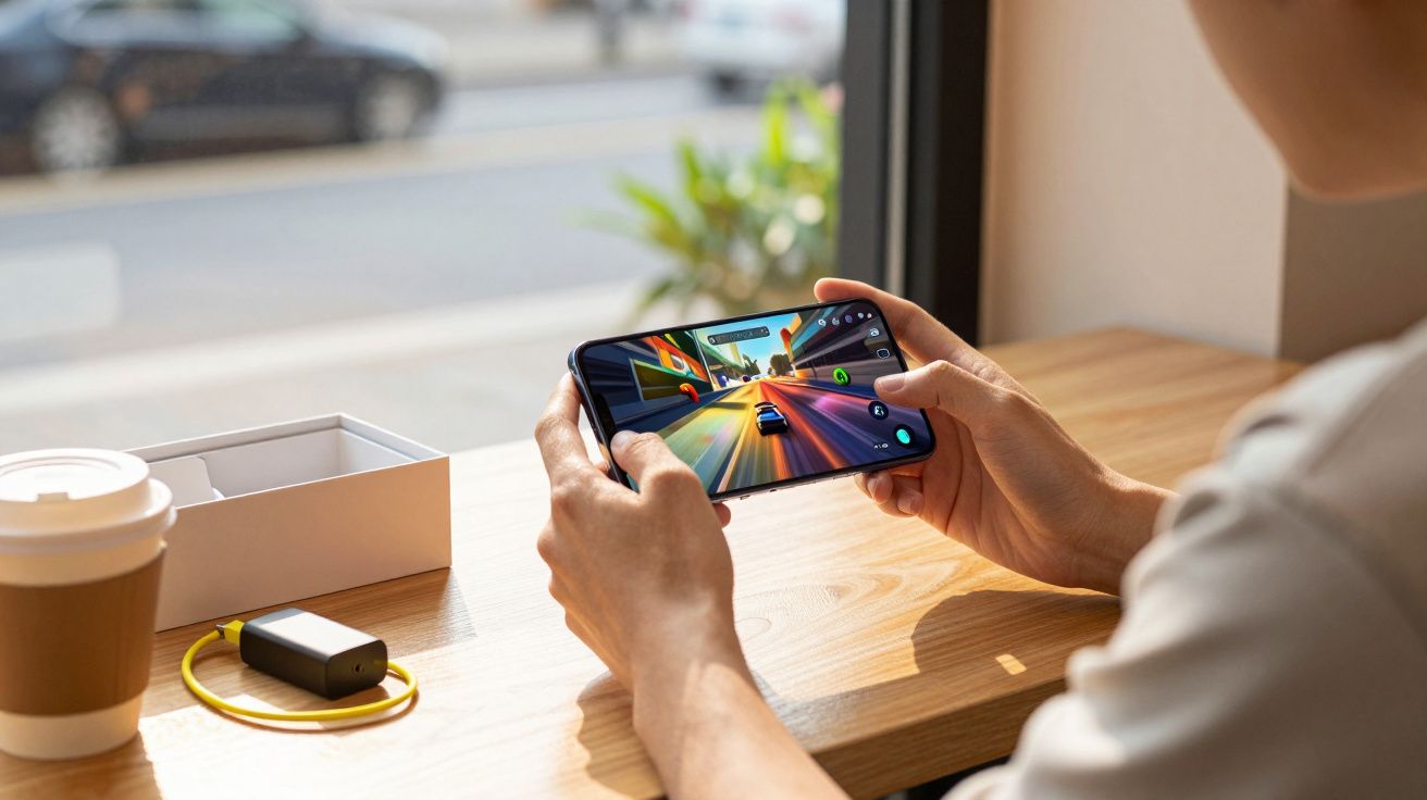 Pessoa jogando videogame de corrida em smartphone em mesa com café e carregador portátil.