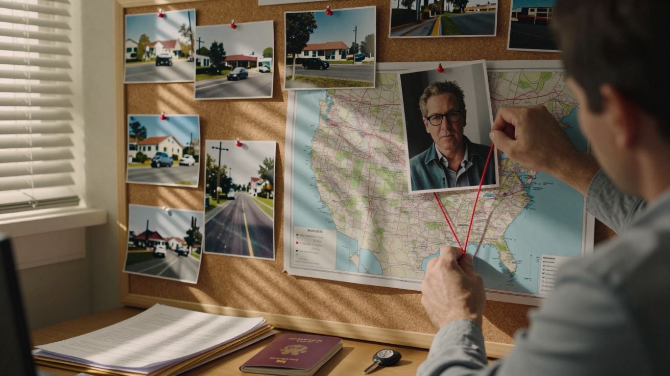Homem liga foto de suspeito a pontos em mapa dos EUA em quadro de investigação com fotos de locais.