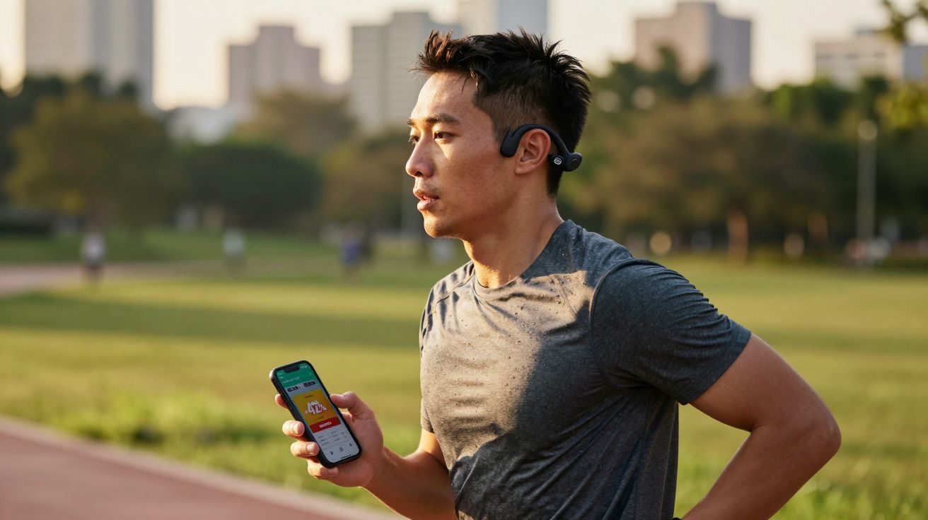 Homem correndo em parque ao ar livre segurando celular com aplicativo de treino aberto.