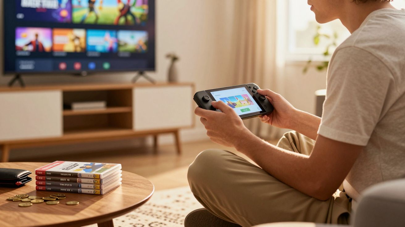Pessoa sentada jogando videogame portátil próximo à TV e mesa com jogos e moedas em sala iluminada.