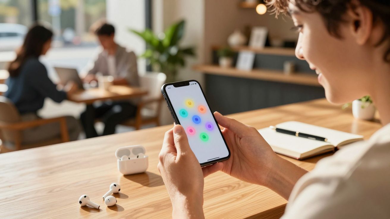 Pessoa segurando smartphone com aplicativo colorido aberto, fones de ouvido e caderno sobre mesa de madeira.