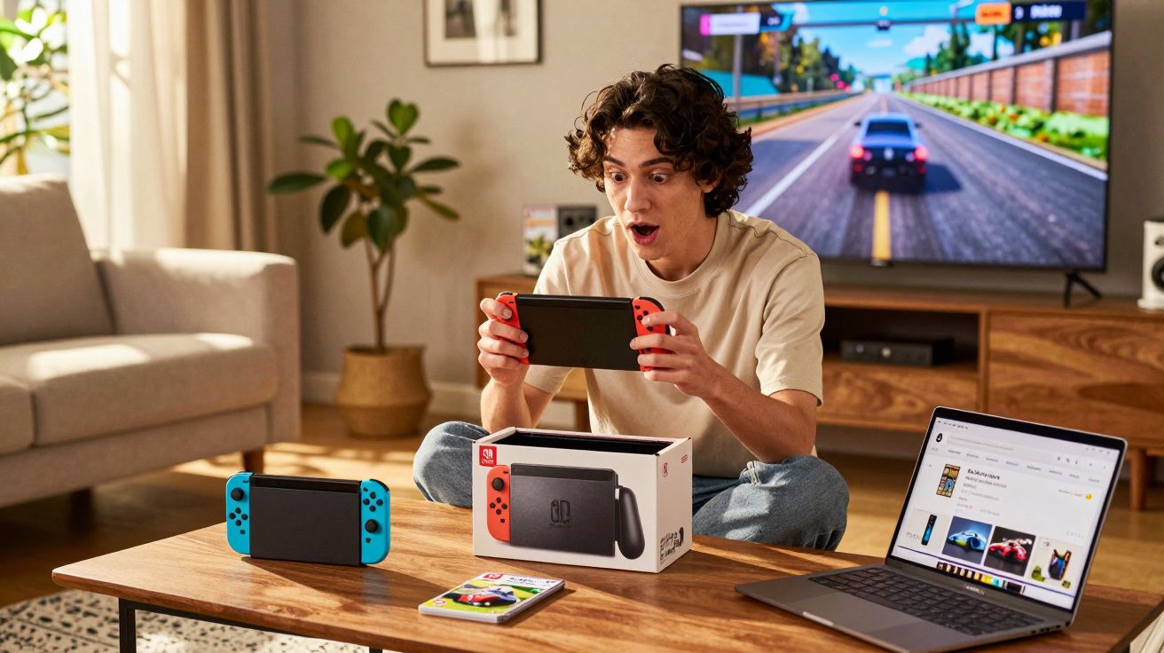 Jovem sentado no chão jogando Nintendo Switch com tela de corrida na TV e laptop sobre mesa.