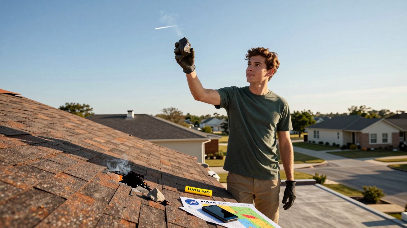 Jovem em telhado segurando pedra fumegante perto de buraco; mapas e celular estão sobre o telhado.