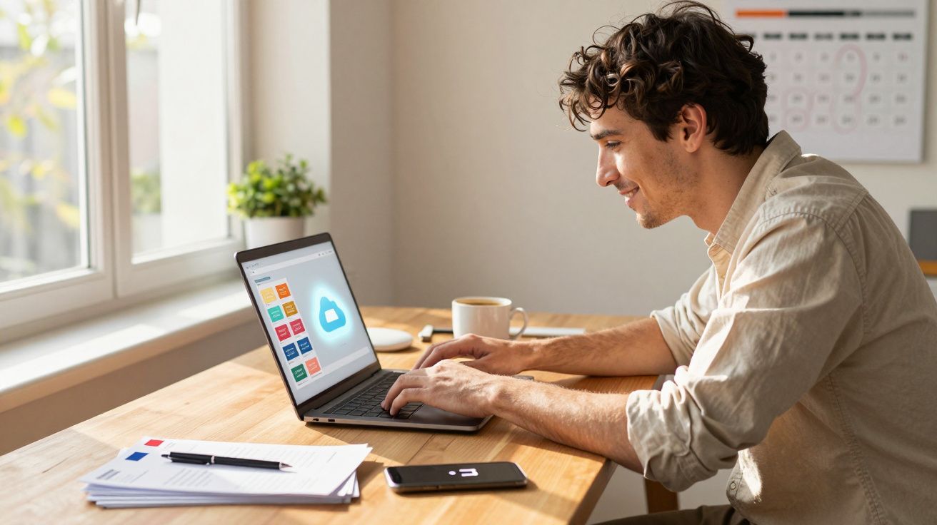 Homem jovem sorridente usando laptop em mesa com documentos, celular e xícara, próximo a janela iluminada.
