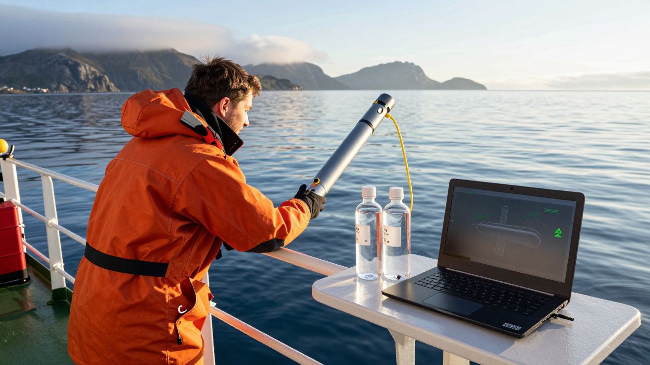 Homem com roupa laranja coleta amostras de água do mar em barco, com computador e garrafas na mesa ao lado.