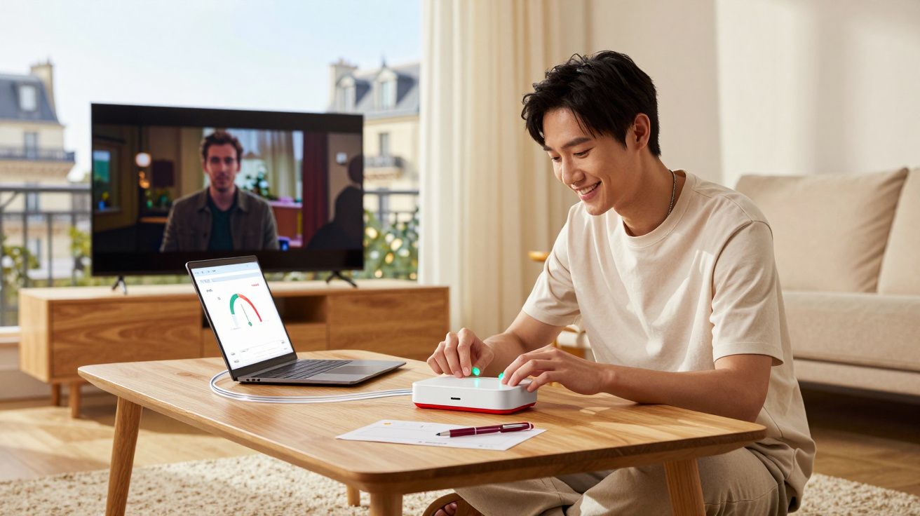 Jovem sentado no chão usando dispositivo eletrônico conectado a laptop em sala de estar moderna.