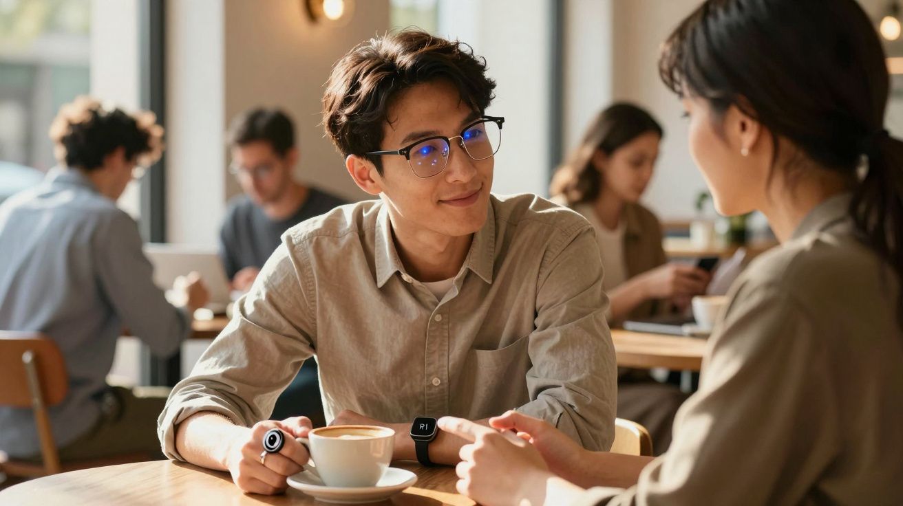 Jovem sorrindo conversa com mulher enquanto toma café em cafeteria movimentada durante o dia.