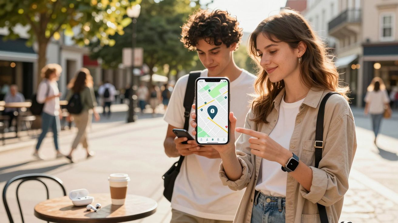 Jovem mostra mapa de localização no celular para amigo em rua movimentada com pessoas ao fundo.