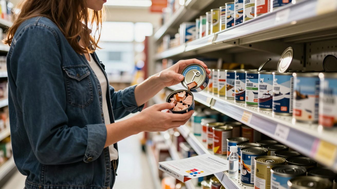 Mulher em supermercado segurando lata aberta de comida enlatada, analisando o conteúdo na prateleira.