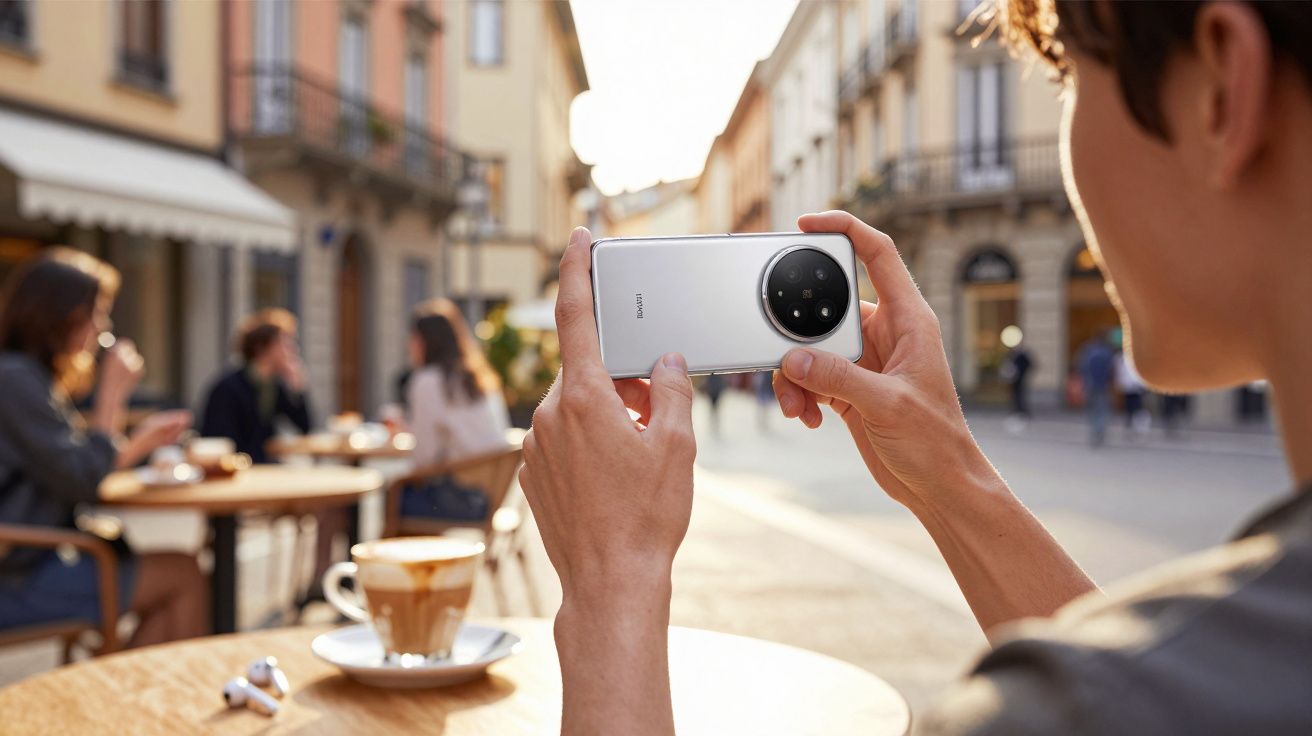 Pessoa tirando foto com celular branco em café ao ar livre em rua de cidade histórica.