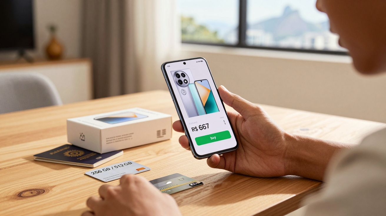 Pessoa segura smartphone mostrando compra de celular por R$ 667 em mesa com crédito e passaporte.