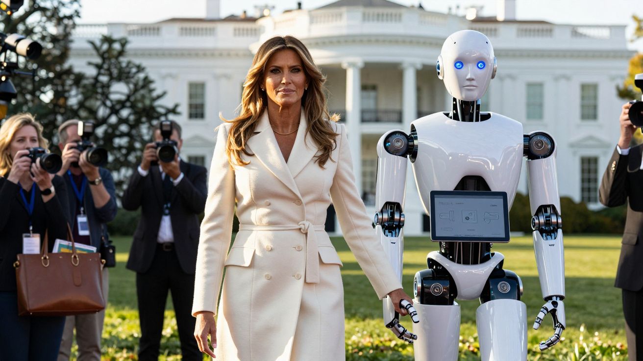 Mulher de casaco branco caminhando ao lado de robô branco com olhos azuis na frente da Casa Branca.