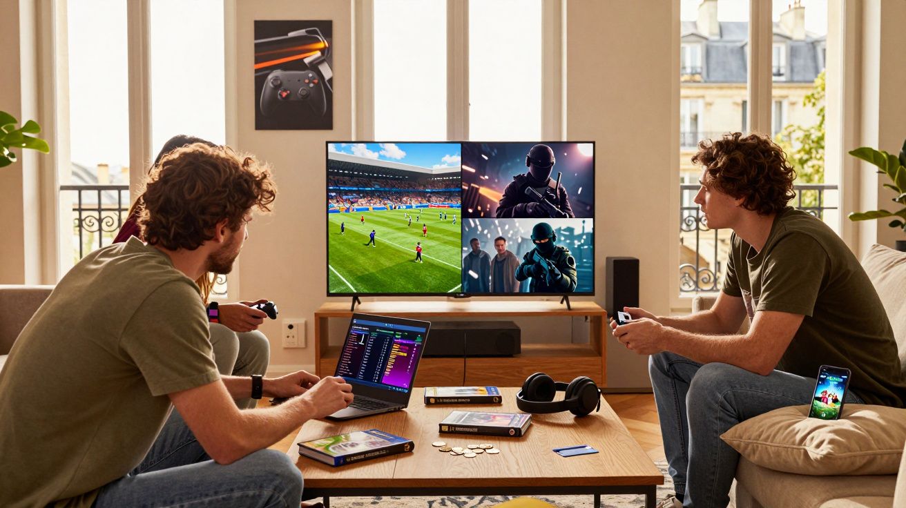 Dois homens jogam videogame numa sala iluminada, com TV, laptop e vários acessórios de jogos na mesa.