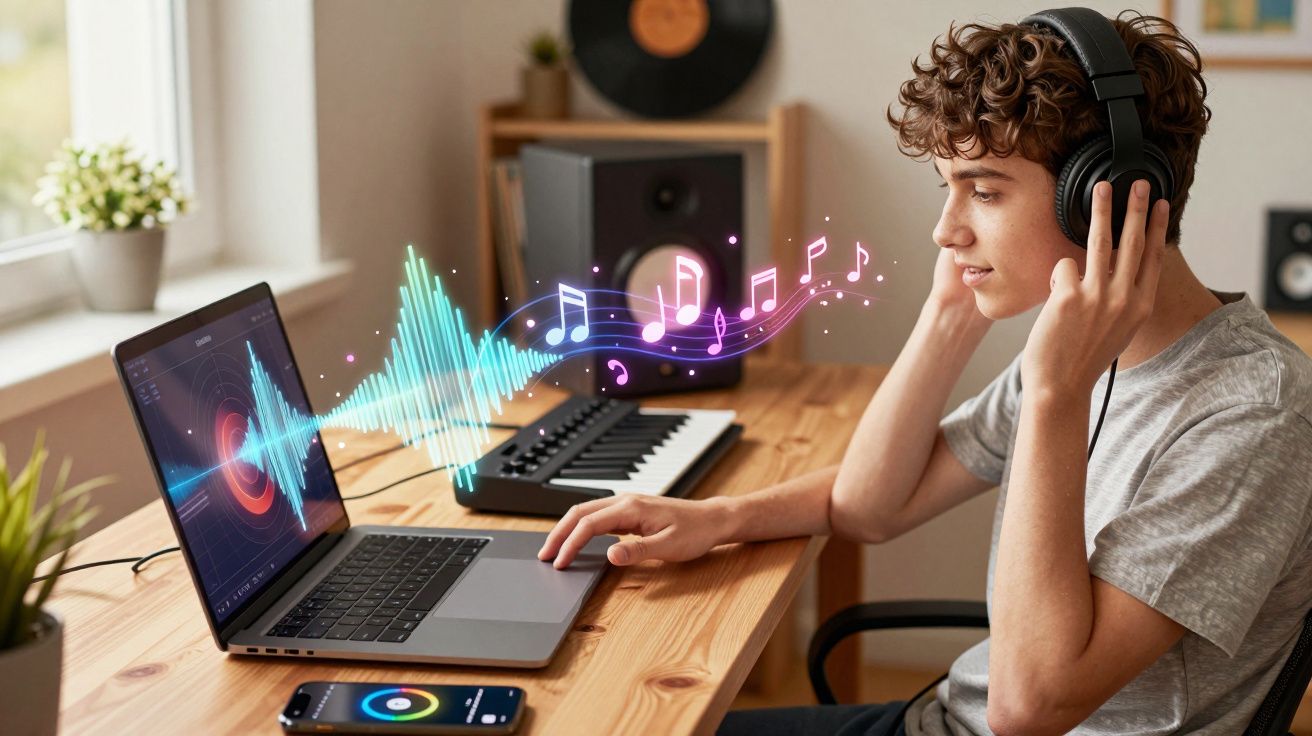 Jovem ouvindo música com fones enquanto mexe em laptop com teclado e alto-falante na mesa.