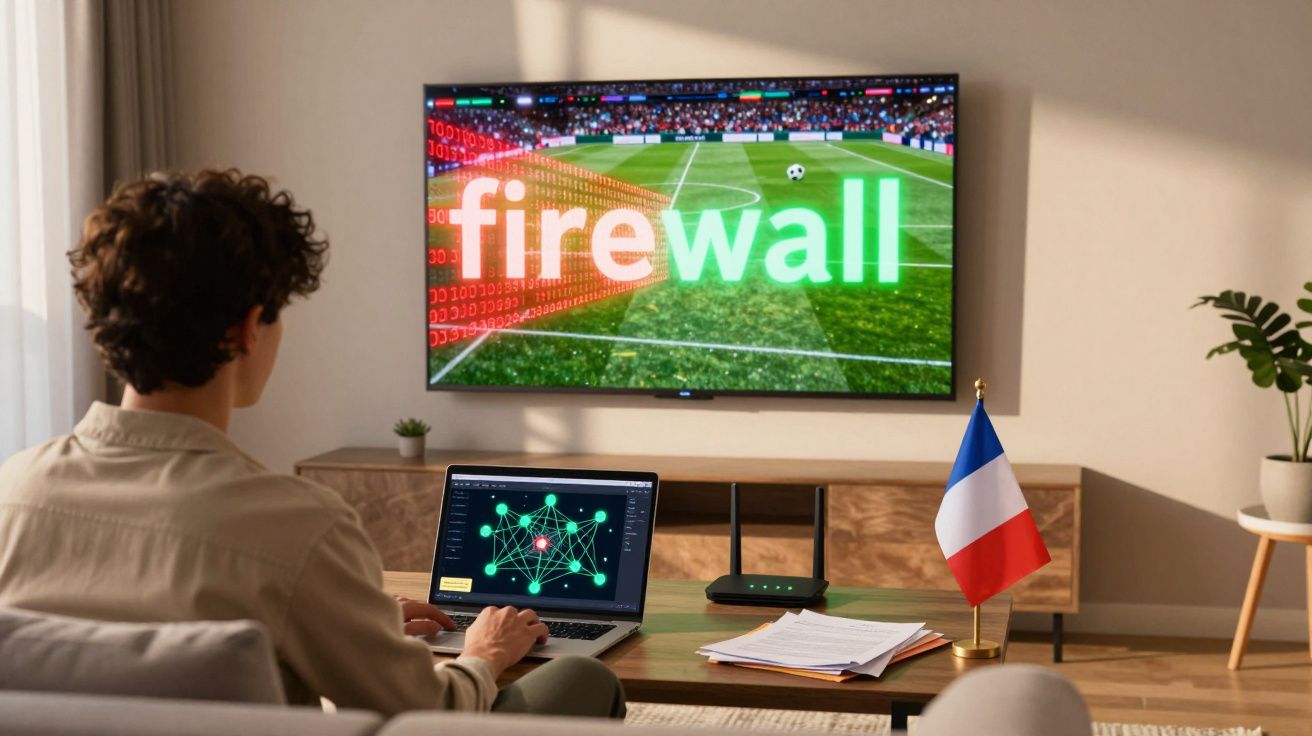 Pessoa usando laptop com gráficos de rede, tela com palavra "firewall" e bandeira da França em sala.