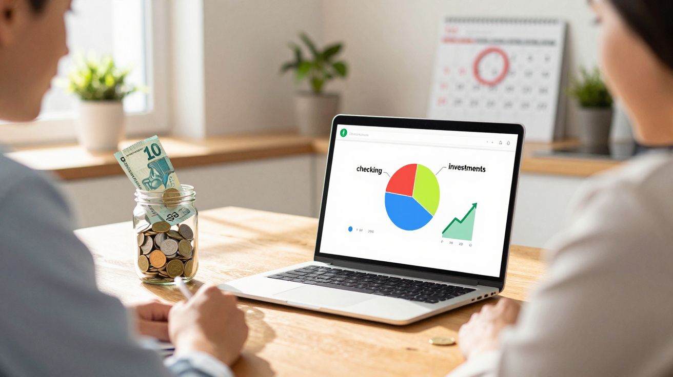 Pessoas analisando gráficos financeiros em notebook com pote de moedas e cédula de 10 reais na mesa.