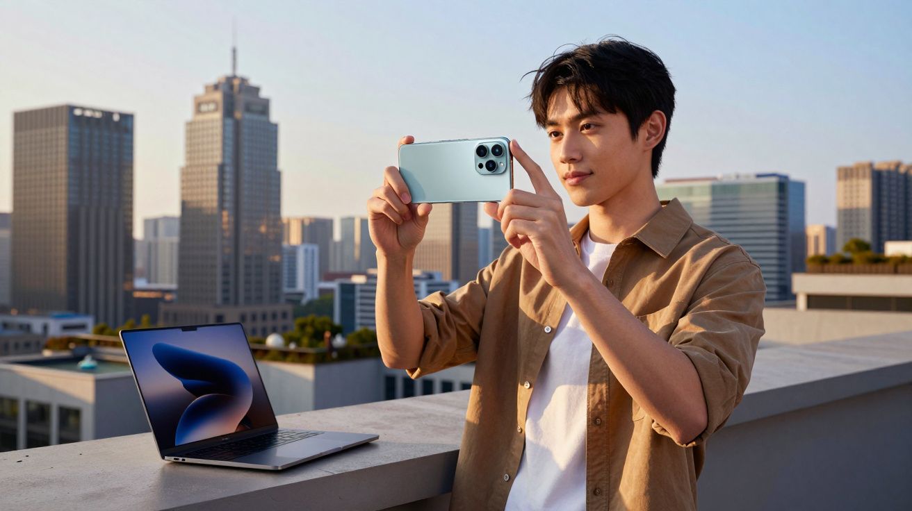 Homem tirando foto com celular em área externa com prédio e notebook ao fundo no fim da tarde.