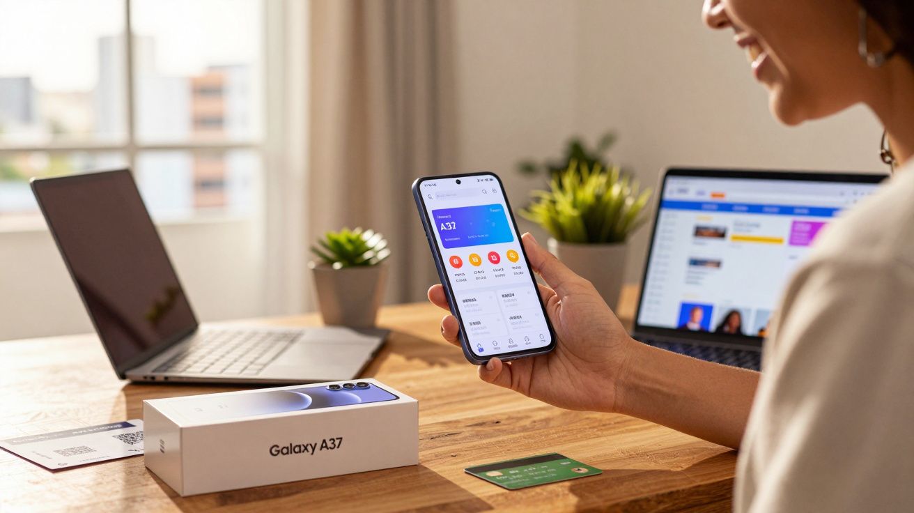 Pessoa segurando smartphone Samsung Galaxy A37 com caixa, cartão e dois notebooks sobre mesa.