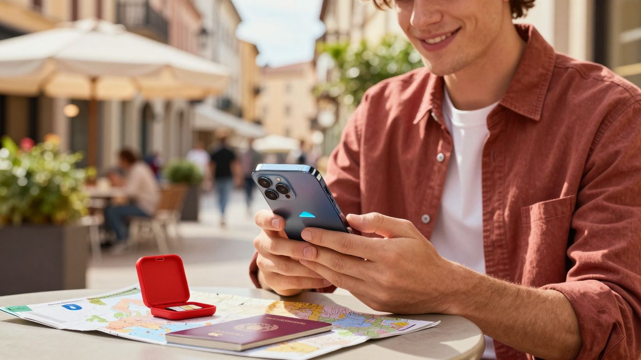 Jovem sentado em café ao ar livre mexendo no celular, com mapa, passaporte e caixa vermelha na mesa.