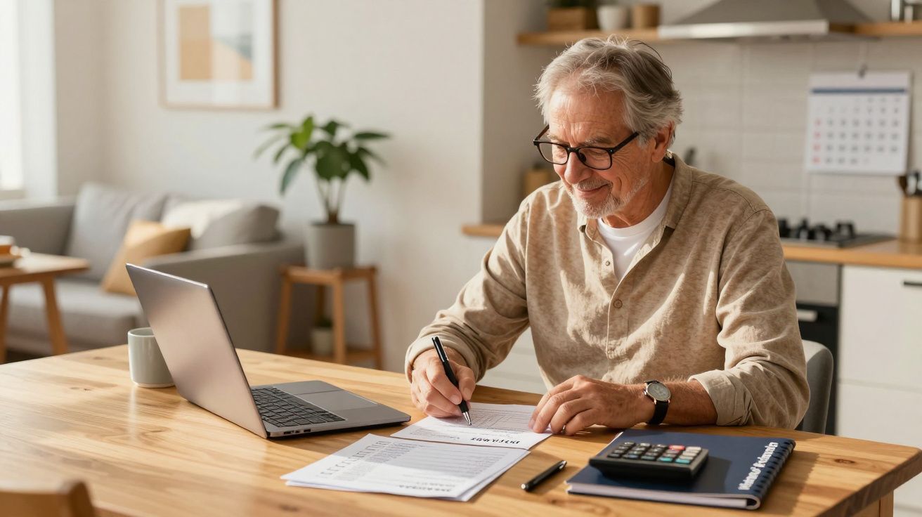 Homem idoso sorridente sentado à mesa, escrevendo em documento com laptop e calculadora próximos.