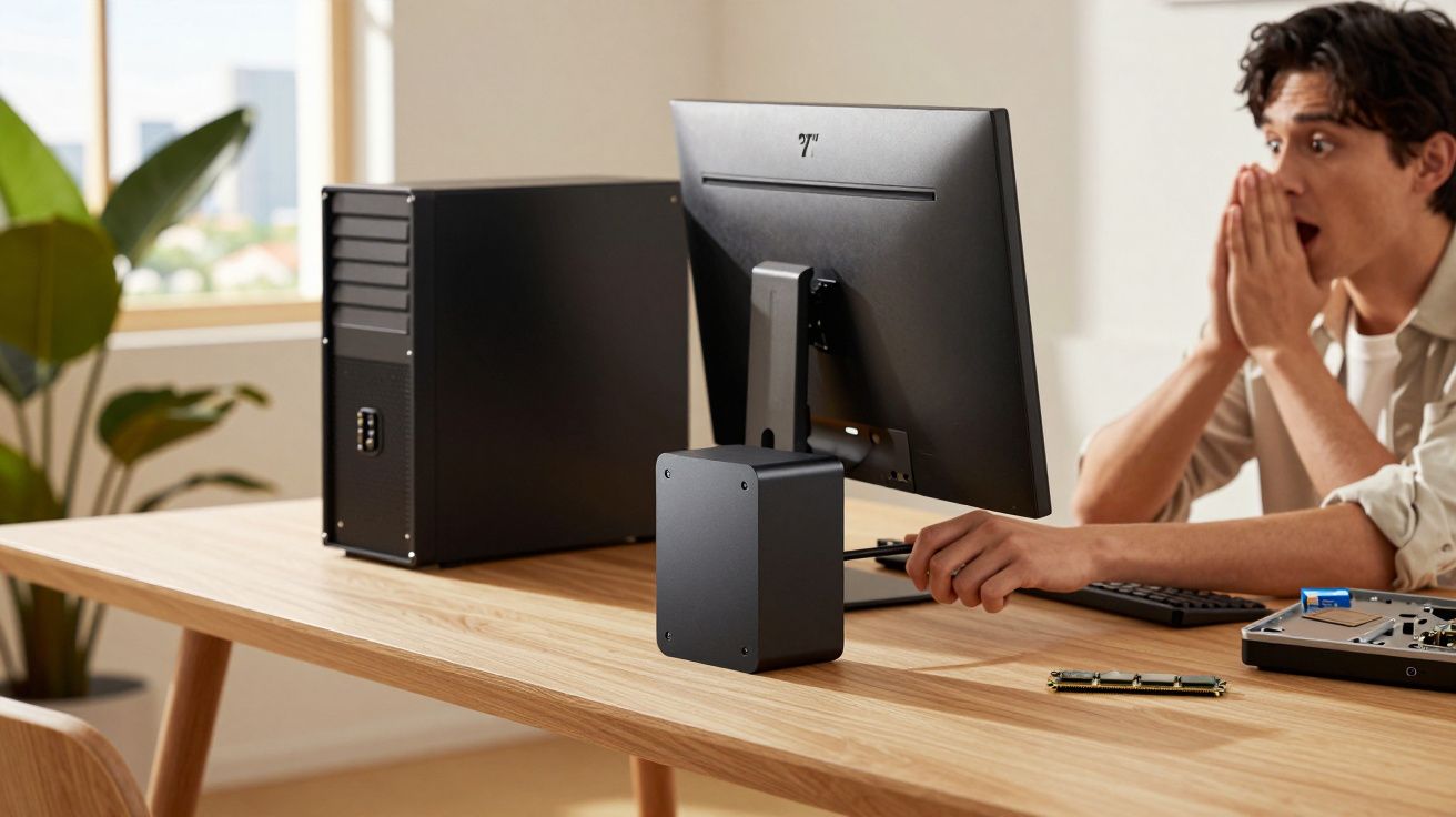Jovem surpreso mexendo em computador desktop sobre mesa de madeira em ambiente iluminado.