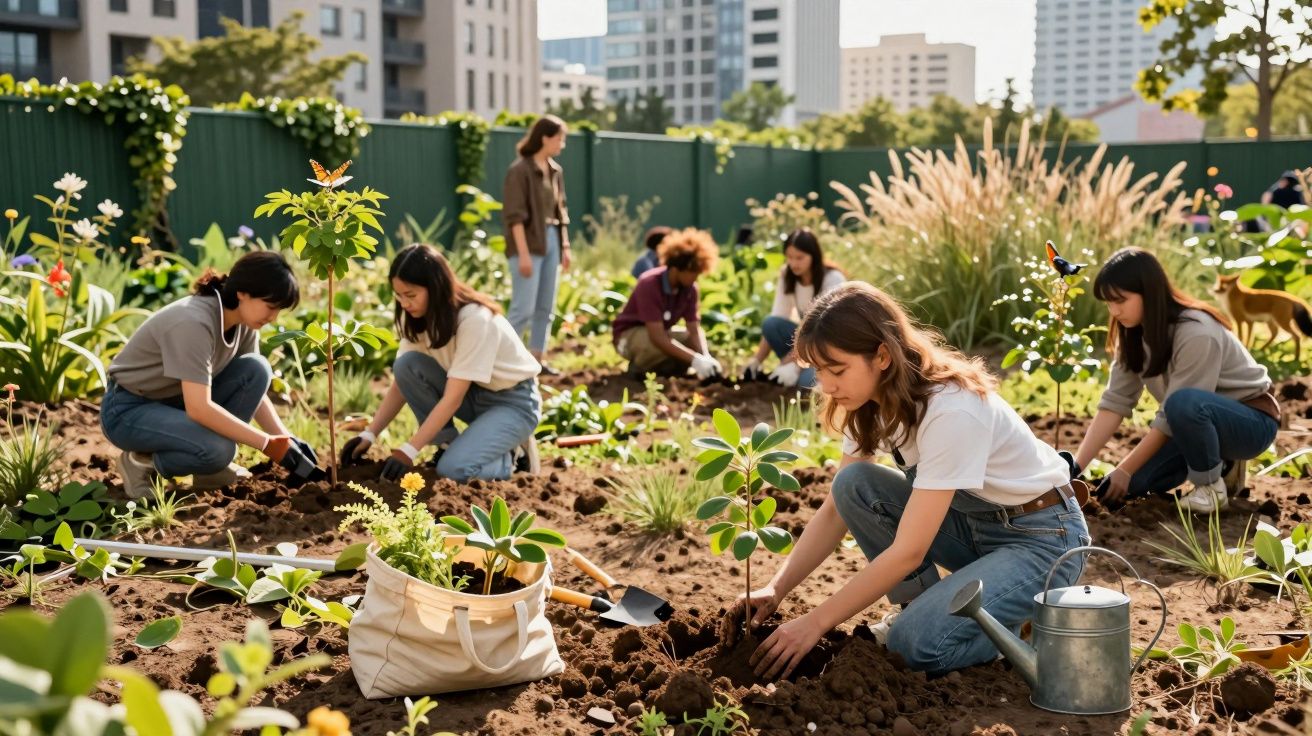 Jovens plantando mudas e cuidando de jardim comunitário em área urbana ensolarada.