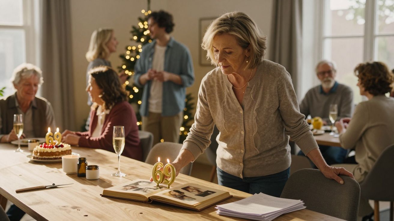Mulher adulta acende velas de aniversário número 69 em álbum de fotos durante reunião familiar.
