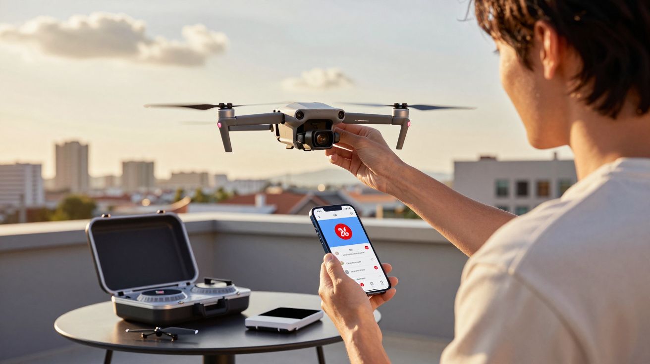 Pessoa segurando drone com uma mão e celular na outra, ao lado de bolsa e controle em mesa ao ar livre.