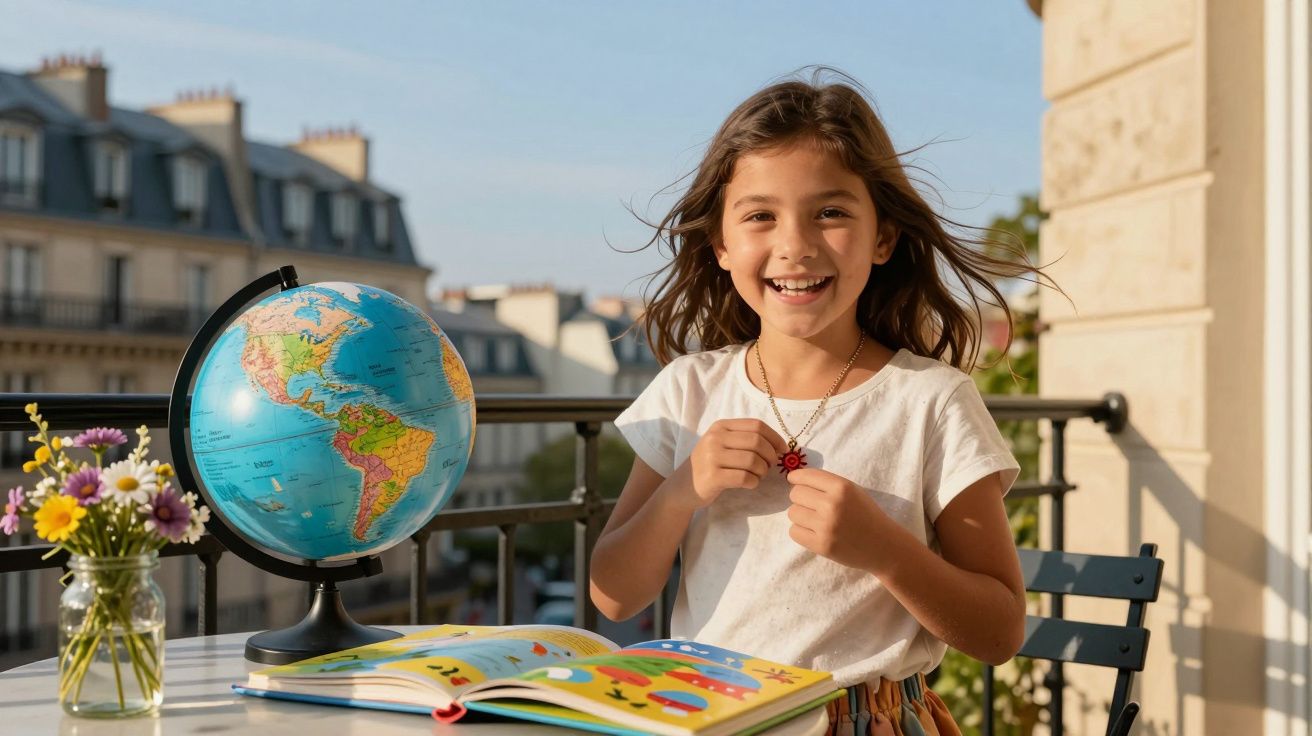 Menina sorrindo sentada à mesa com globo e livro colorido, flores e vista de prédio ao fundo.
