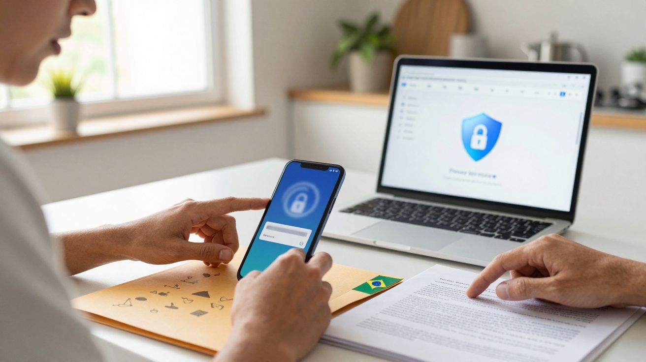 Duas pessoas verificando segurança digital em smartphone e laptop com documentos sobre mesa.