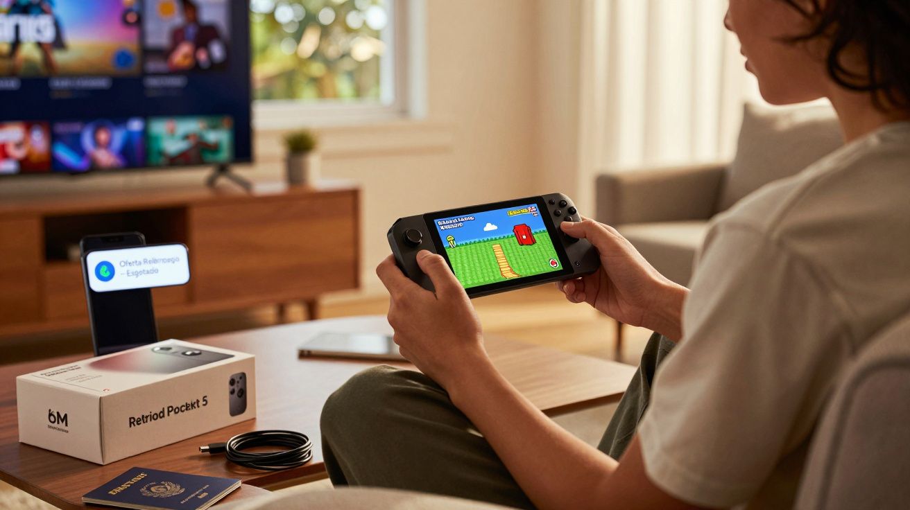 Pessoa jogando console portátil Retroid Pocket 5 enquanto está sentada em sala com TV e objetos ao redor.