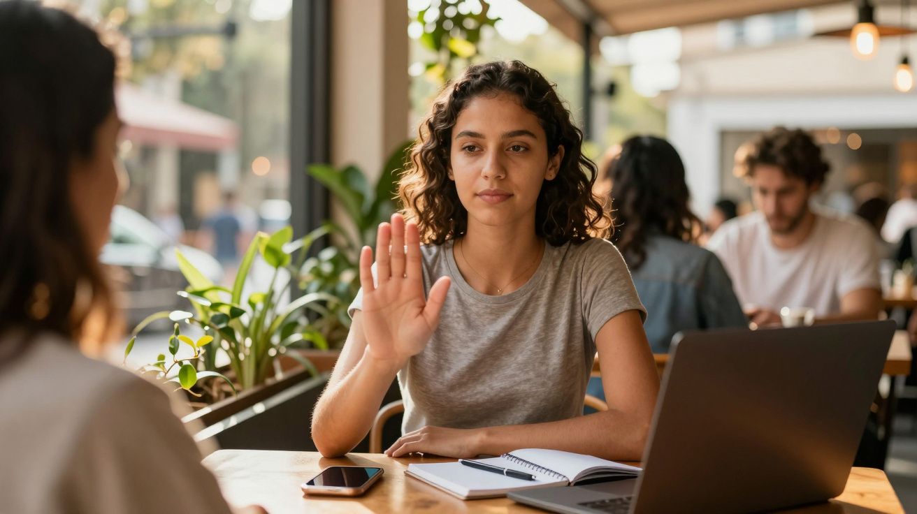 Mulher sentada em cafeteria levanta a mão em sinal de negativa com caderno, celular e laptop na mesa.