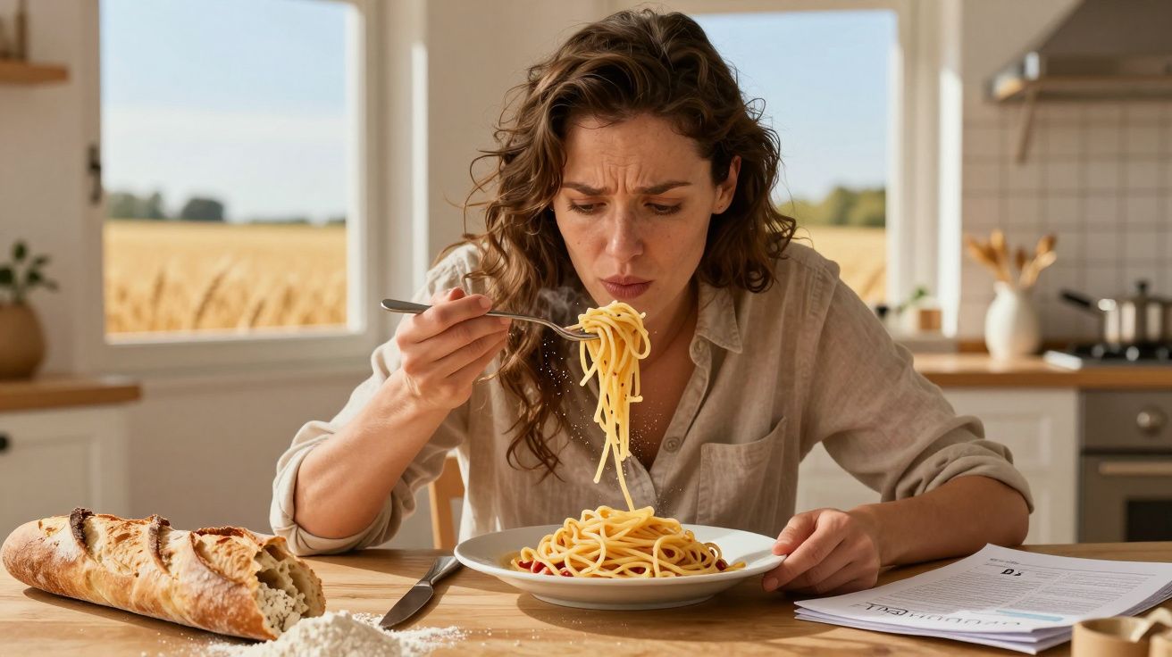 Mulher franzindo a testa enquanto tenta comer espaguete quente em cozinha iluminada.