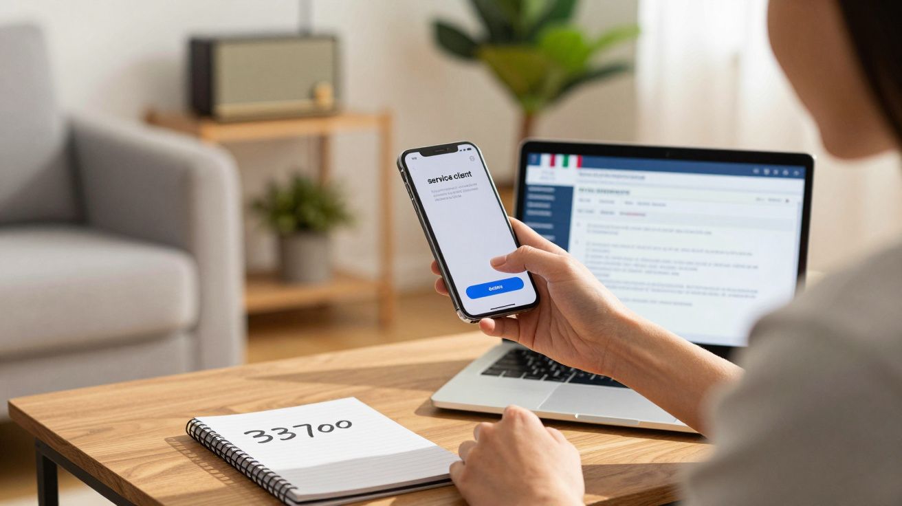 Pessoa segurando celular com texto serviço ao cliente, notebook aberto e caderno com número 33700 na mesa.