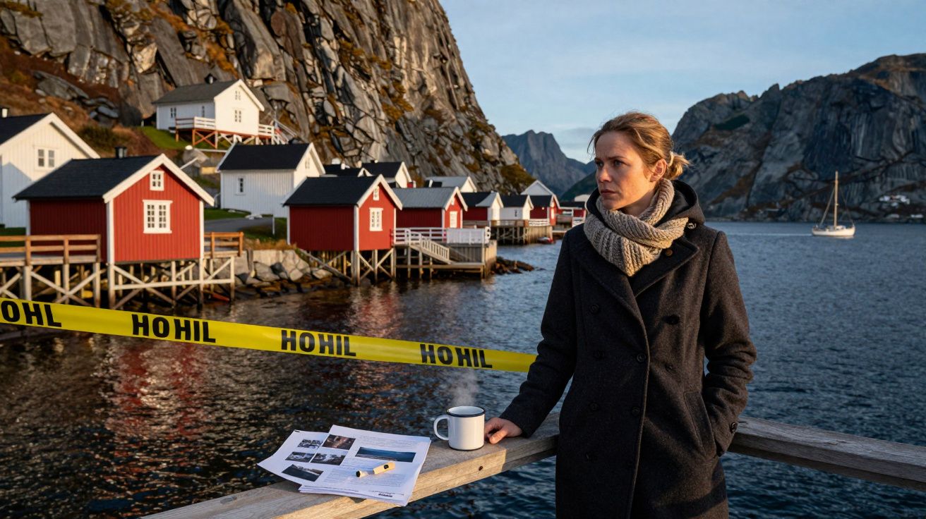Mulher com casaco e cachecol em área cercada com fita amarela perto de casas vermelhas à beira-mar rochoso.
