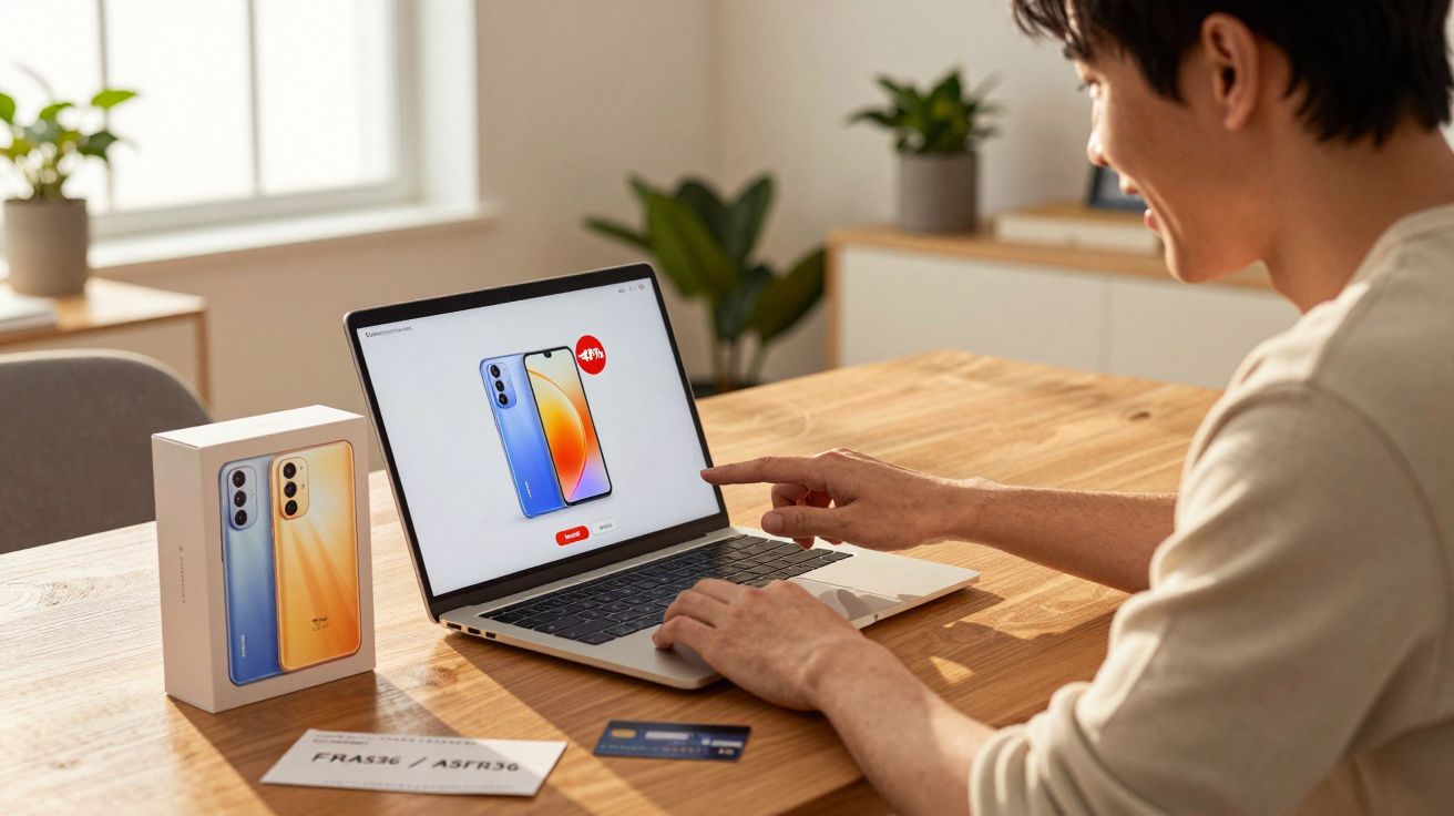Homem compra smartphone com desconto de 47% em laptop, caixa do celular e cartão de crédito na mesa.