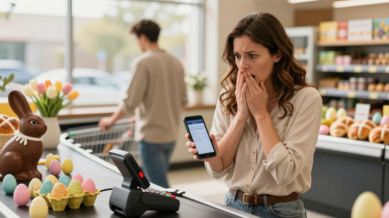 Mulher preocupada olhando para celular ao lado de máquina de cartão em supermercado decorado para Páscoa.