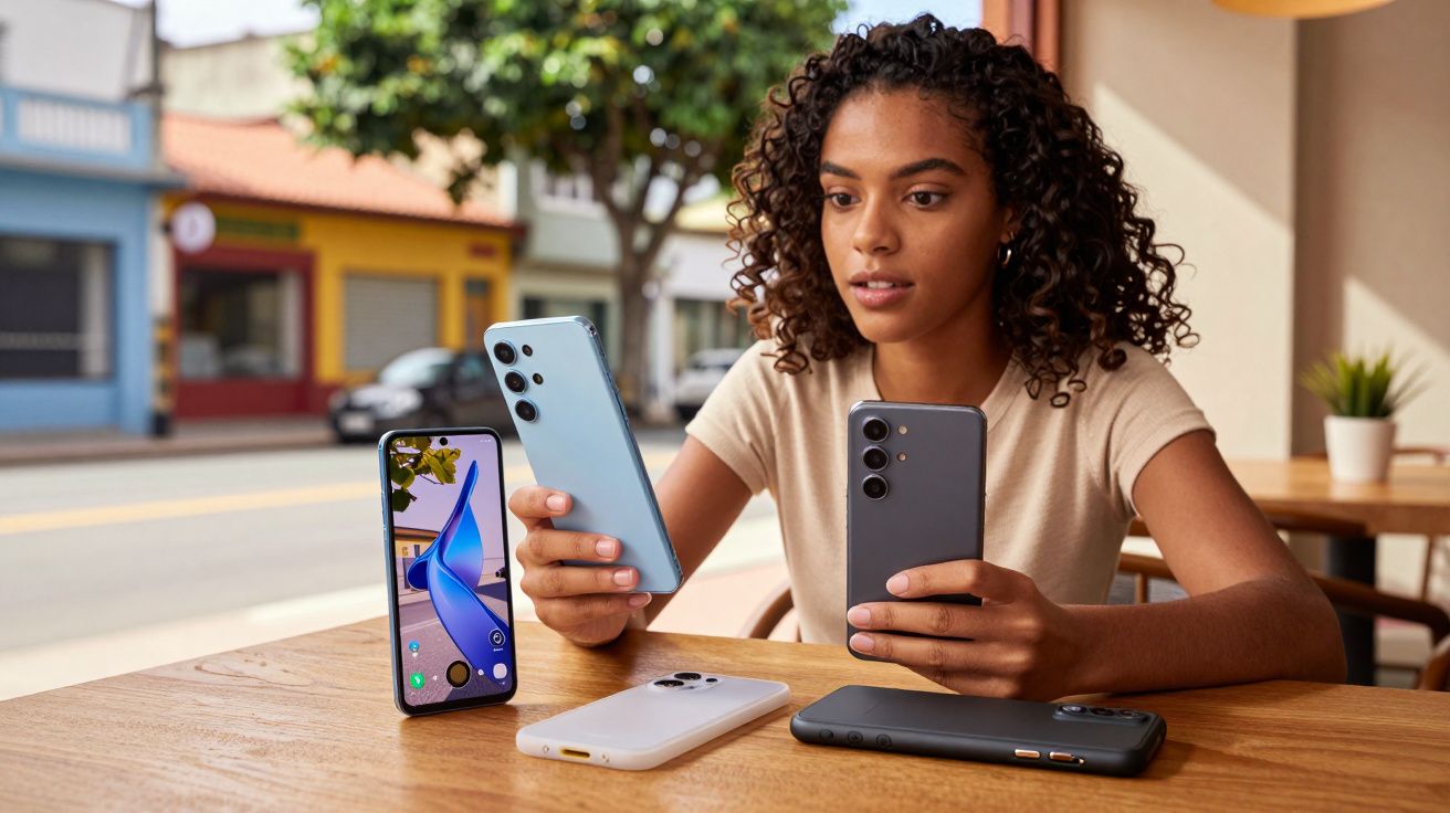 Jovem sentada em mesa de madeira analisando dois smartphones com mais dois celulares sobre a mesa.