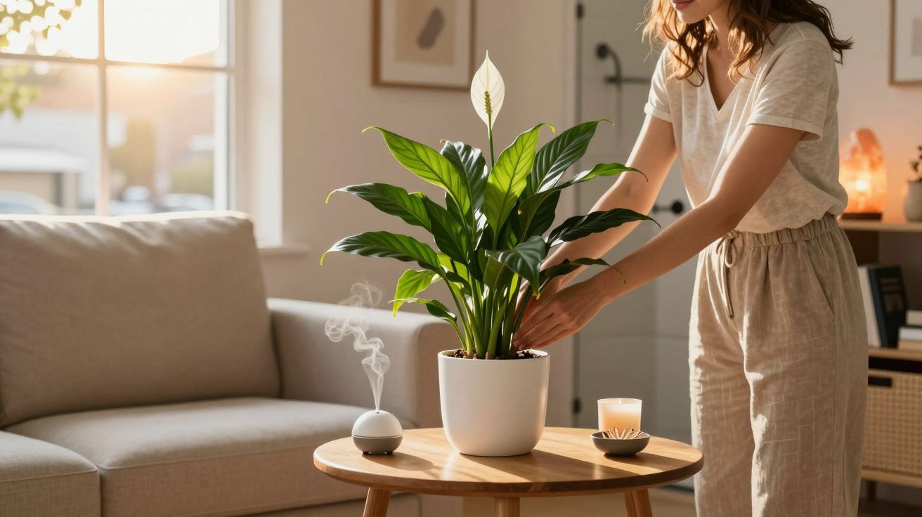 Mulher cuidando de planta em vaso branco sobre mesa de madeira em sala iluminada.