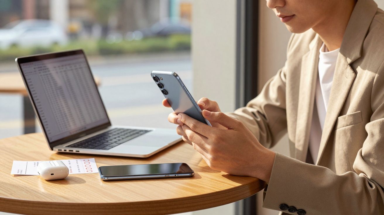 Pessoa usando smartphone sentada à mesa com laptop aberto, fones e outro celular sobre a mesa.