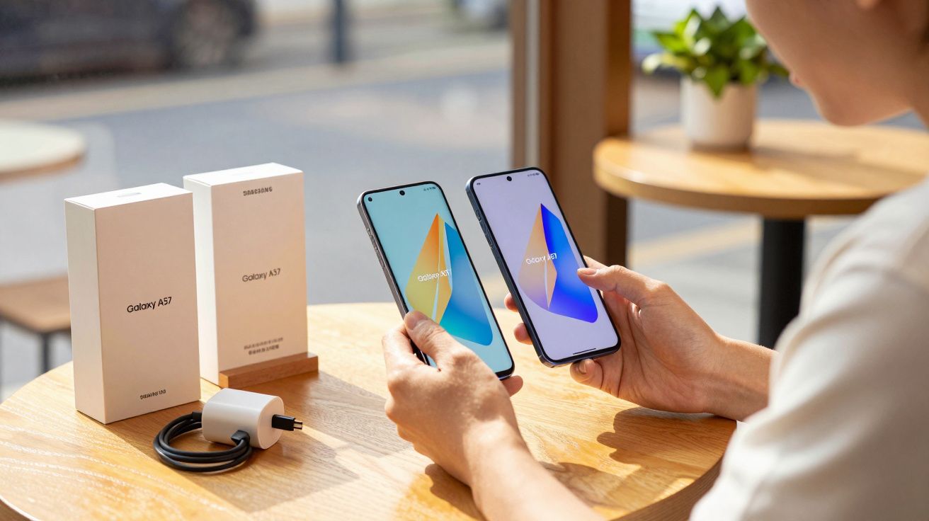Pessoa comparando dois smartphones Samsung Galaxy A57 com caixas e carregador sobre mesa de madeira.