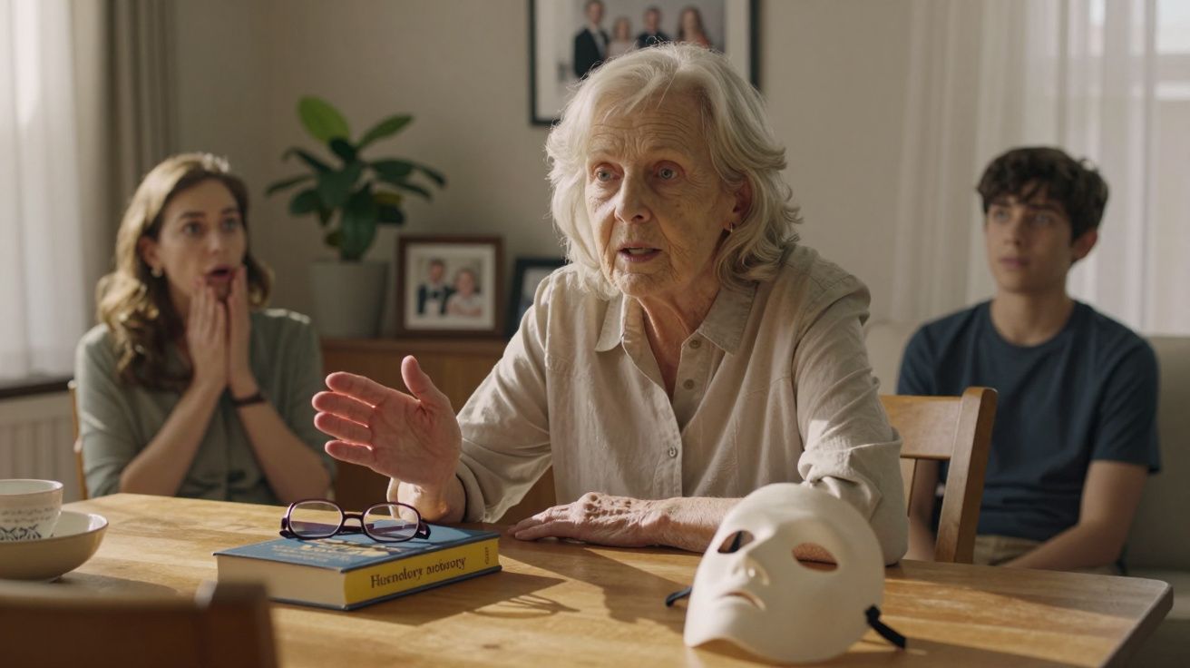Mulher idosa falando à mesa com máscara branca, livro, óculos, e duas pessoas jovens ao fundo reagindo.